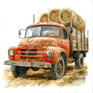 Watercolor Vintage Farm Truck With Hay Clipart Bundle JPEG Commercial ...