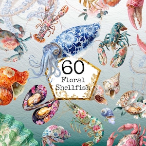 May include: A digital illustration featuring various shellfish, including a lobster, crab, and mussel, adorned with floral patterns. A blue and white porcelain-style squid is also present. The image includes the text "60 Floral Shellfish".