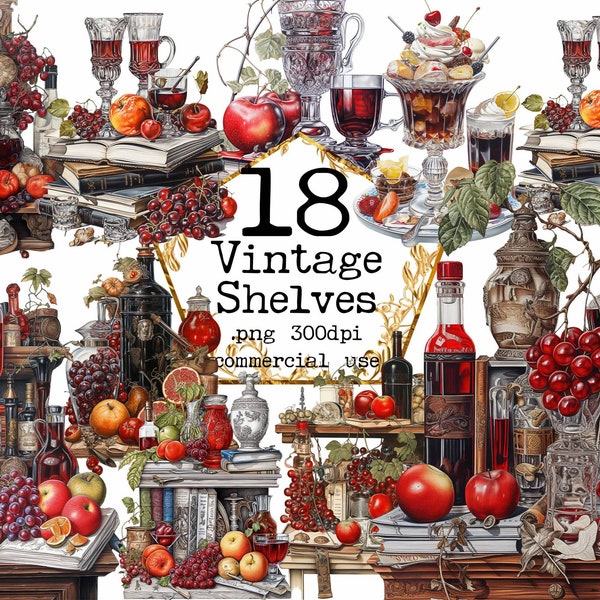 Victorian Shelves Clipart Bundle Cottage Core Clipart Drinks PNG Grapes PNG Vintage Furniture Clipart Instant Download Commercial Use