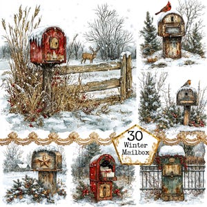 Pacchetto di sfondi per cassette postali festivi con acquerello JPEG, clipart di città invernali con acquerello, download immediato, artigianato di carta, diario spazzatura, scrapbooking