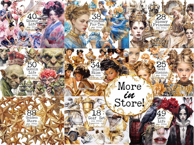 May include: A collage of digital illustrations featuring various themes, including geishas, princesses, goblins, gold, stars, golf, and goth. Each illustration is labelled with a number and a short description, such as "Geisha Life" or "Gold Bliss". The text "More in Store!" is displayed in the centre of the collage.