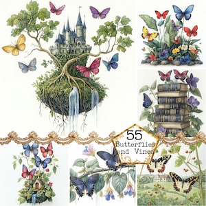 JPEG Unkonventionelle Schmetterling Szene Clipart Bundle Frühling Clipart Landschaft Clipart Sofortiger Download Papier Handwerk Junk Journal Scrapbooking