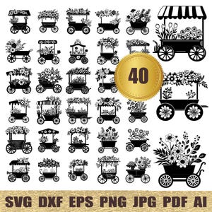 40 Floral Cart svg, dxf, eps, ai, pdf, jpg, png Flower Cart silhouetten gesneden bestand afdrukbare vectoren commercieel gebruik direct downloaden