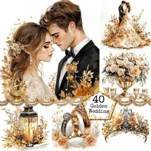 JPEG Hochzeitspaar Clipart Golden Bundle Ringe Kuchen Blumen Hochzeitseinladung Sofortiger Download Papier Handwerk Junk Journal Scrapbooking