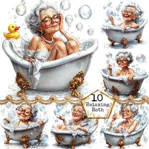 JPEG aquarelle grand-mère dans une baignoire Clipart relaxant senior lady bain confortable Clipart téléchargement immédiat papier artisanat indésirable journal scrapbooking