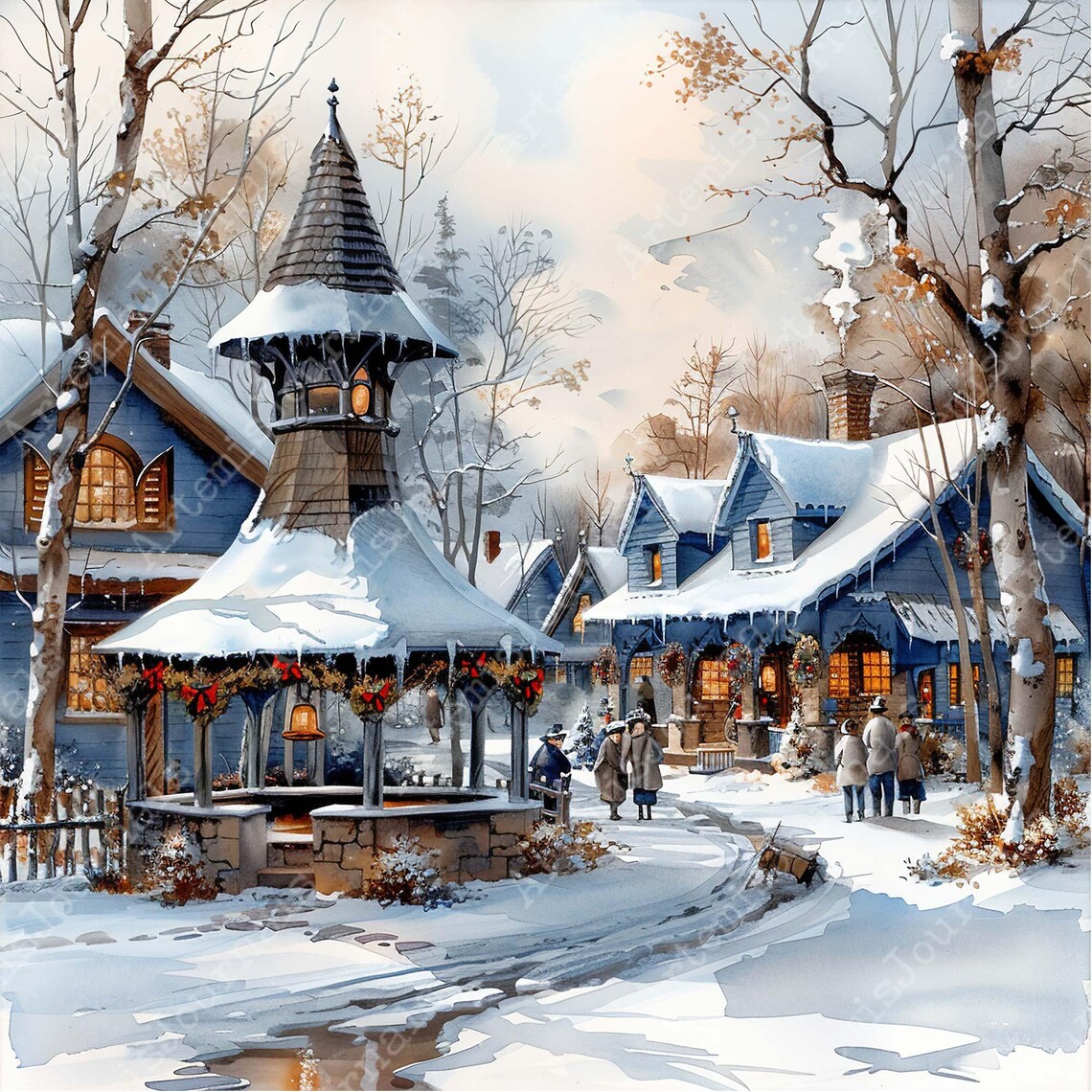 JPEG Watercolor Little Winter Village JPEG Instant Download Winter ...