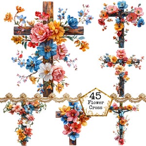 PNG + JPEG aquarelle floral croix Clipart Bundle Clipart religieux Clipart chrétien Téléchargement instantané Paper Craft Junk Journal Scrapbooking