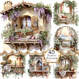 Paquete de imágenes prediseñadas de balcón con flores en formato JPEG, imágenes prediseñadas de frente de casa con flores en formato JPEG, descarga instantánea, papel comercial, manualidades, diario basura, álbumes de recortes