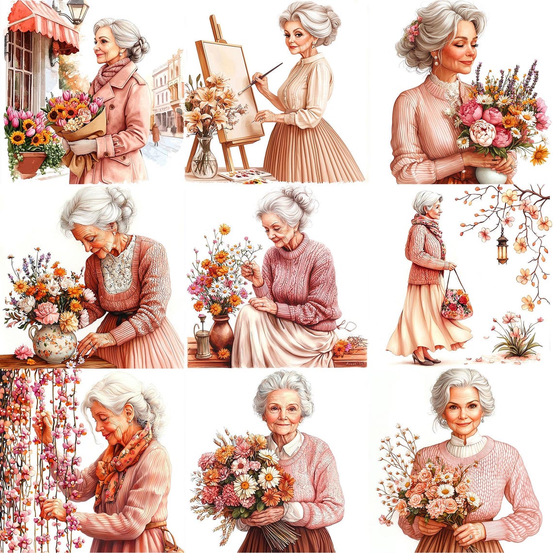 JPEG Watercolor Elderly Spring Lady With Flowers Clipart Bundle Woman ...