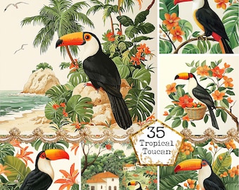 JPEG  Watercolor Tropical Floral Toucan Graphics Summer Clipart Summer Greenery Instant Download Paper Crafts Junk Journal Scrapbooking