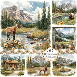 Ensemble de cliparts Recrues canadiennes à l'aquarelle JPEG Moyeu de la montagne Paysage de montagne JPEG Téléchargement instantané Artisanat en papier Journal indésirable Scrapbooking