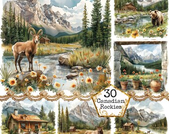 Aquarela Canadian Rookies Clipart Pacote JPEG Centro de montanha Cenário de montanha JPEG Download instantâneo Papel Artesanato Junk Journal Scrapbooking