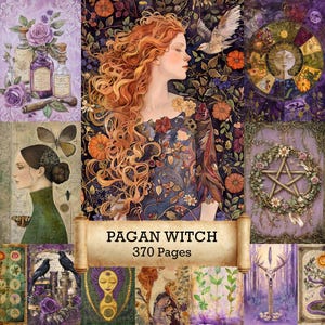 May include: A collage of watercolor illustrations with a pagan theme. The central image features a woman with red hair and a floral dress. Other images include potion bottles, a pentagram wreath, and the text "Pagan Witch 370 Pages".