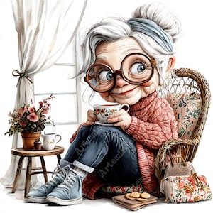 JPEG Watercolor Senior Lady With Hot Tee Clipart Bundle Cozy Granny ...