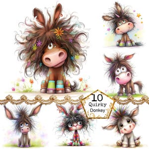 Paquete de imágenes prediseñadas de burro peculiar en acuarela JPEG, burro caprichoso, burro divertido, animal, descarga instantánea, manualidades de papel, diario basura, álbumes de recortes