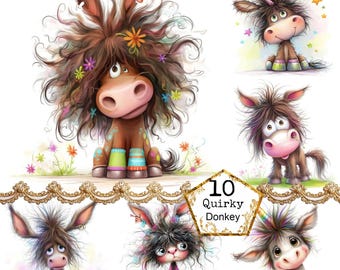 JPEG Watercolor Quirky Donkey Clipart Bundle Whimsical Donkey Funny Donkey Animal Instant Download Paper Crafts Junk Journal Scrapbooking