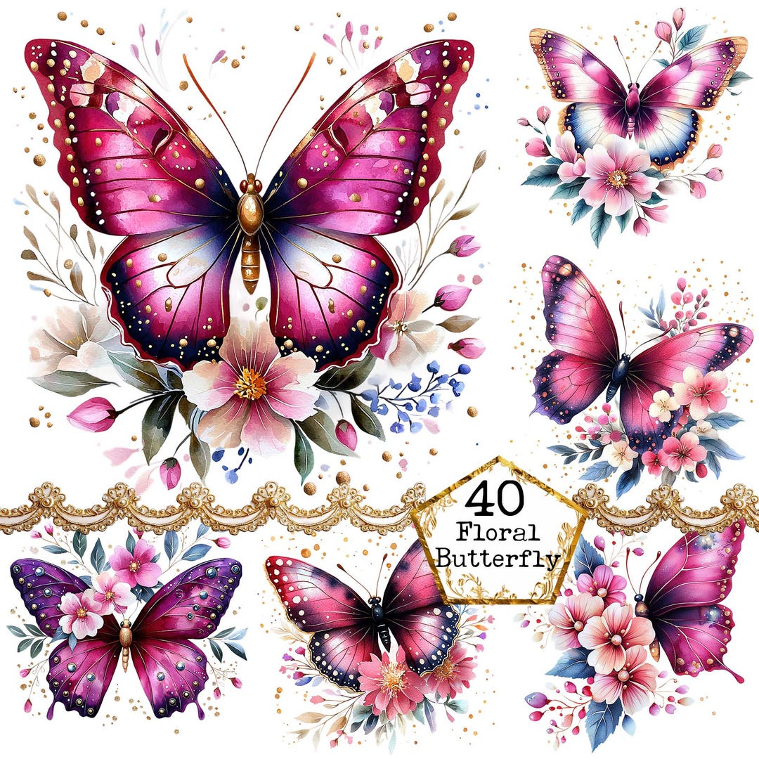 PNG + JPEG Watercolor Floral Hot Pink Butterflies Clipart Bundle Spring ...