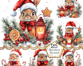 JPEG Watercolor Christmas Bunny Clipart Holliday Clipart Christmas Clipart Instant Download Paper Crafts Junk Journal Scrapbooking