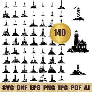 May include: A set of 140 black and white silhouette images of lighthouses. The images are in various styles and sizes, and some include additional details like windows, doors, and rocks. The images are perfect for crafting, scrapbooking, or digital design projects.