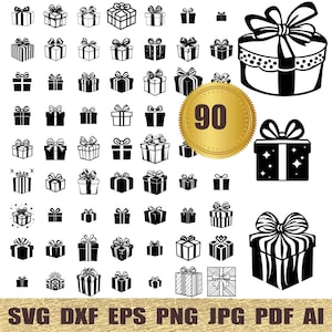 以下が含まれることがあります： 黒と白のギフトボックスアイコン90個のセット。アイコンは、シンプルなアウトライン、塗りつぶされた形、詳細なデザインなど、さまざまなスタイルです。アイコンは、デジタルプロジェクト、クラフトなどに最適です。