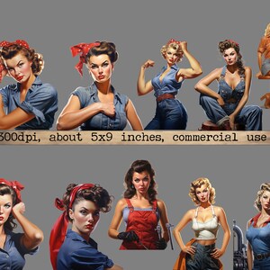 Op de afbeelding: Een verzameling van tien vintage-stijl illustraties van vrouwen in verschillende poses, die blauwe denim overalls en rode bandanas dragen. De vrouwen worden afgebeeld in verschillende omgevingen, waaronder een fabriek, een boerderij en een straat in de stad. De illustraties zijn in een retro-stijl, met felle kleuren en eenvoudige lijnen.