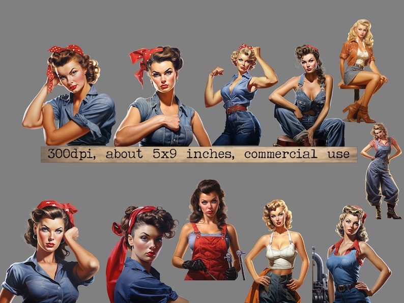Op de afbeelding: Een verzameling van tien vintage-stijl illustraties van vrouwen in verschillende poses, die blauwe denim overalls en rode bandanas dragen. De vrouwen worden afgebeeld in verschillende omgevingen, waaronder een fabriek, een boerderij en een straat in de stad. De illustraties zijn in een retro-stijl, met felle kleuren en eenvoudige lijnen.