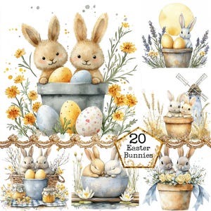 JPEG aquarelle simpliste lapins de Pâques Clipart oeufs de Pâques panier de Pâques Clipart Téléchargement instantané papier Artisanat indésirable Journal Scrapbooking