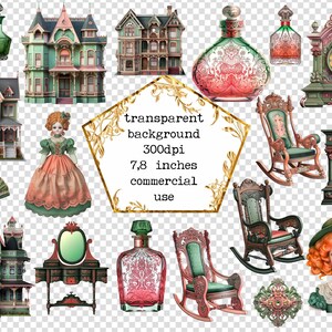 May include: A collection of vintage-inspired digital clipart featuring a green and pink Victorian house, a rocking chair, a clock, a doll, and perfume bottles. The clipart is set against a transparent background and is 7.8 inches wide.