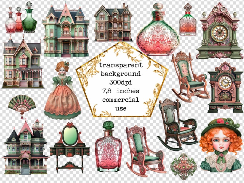May include: A collection of vintage-inspired digital clipart featuring a green and pink Victorian house, a rocking chair, a clock, a doll, and perfume bottles. The clipart is set against a transparent background and is 7.8 inches wide.