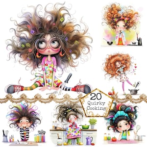 Pacote de clipart de garota culinária caprichosa em JPEG, aquarela, culinária peculiar, panificação, clipart, download instantâneo, artesanato em papel, diário de sucata, scrapbooking