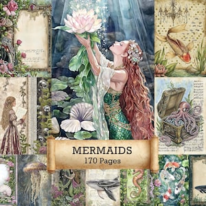 Peut inclure: Un collage d'illustrations sur le thème des sirènes. L'image centrale représente une sirène aux longs cheveux roux, tenant une grande fleur rose. D'autres images incluent une carpe koï, un poulpe avec un trésor et une baleine. Le texte "MERMAIDS 170 Pages" est affiché.