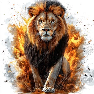 May include: A majestic lion with a thick mane of brown and black fur stands in a fiery orange and yellow background. The lion is looking directly at the viewer with a serious expression.