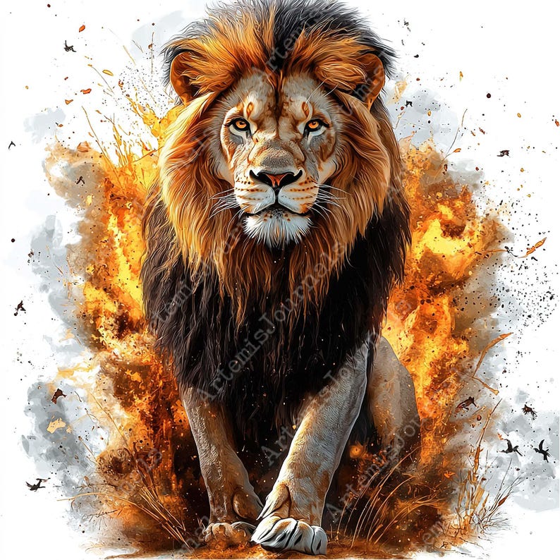 May include: A majestic lion with a thick mane of brown and black fur stands in a fiery orange and yellow background. The lion is looking directly at the viewer with a serious expression.