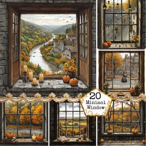 Puede incluir: Un collage de 20 escenas de ventanas diferentes con follaje otoñal y colores otoñales. Cada marco de ventana está decorado con una guirnalda de hojas de otoño y una pequeña calabaza.