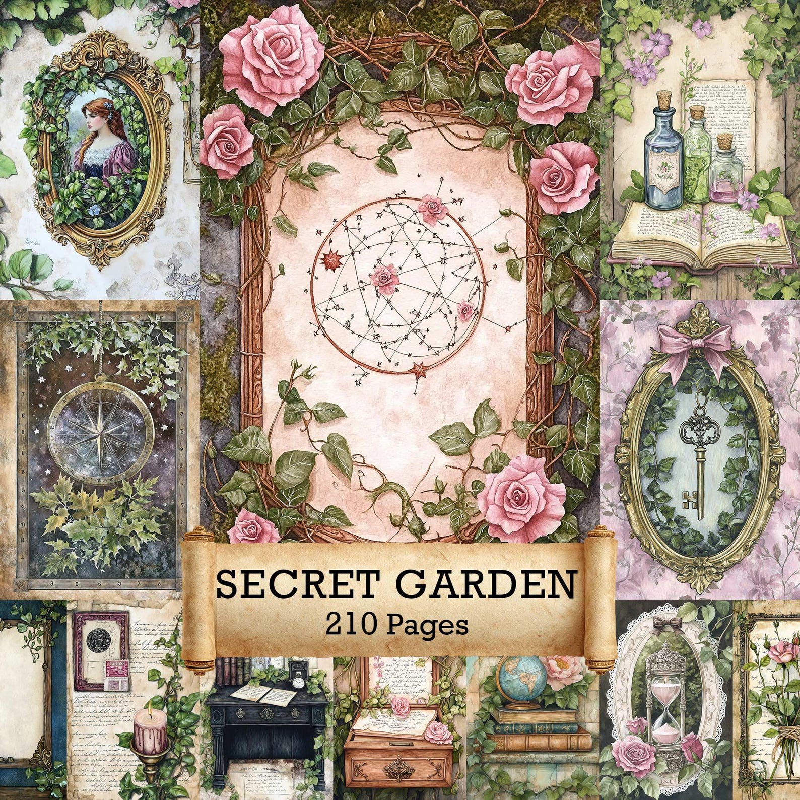 210 Secret Garden Junk Journal Kit, Vintage Scrapbook Printable, Floral ...