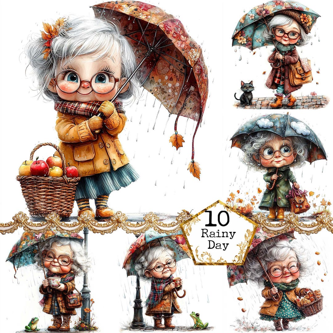 JPEG Watercolor Funny Granny With Umbrella Clipart Bundle Funny Old ...