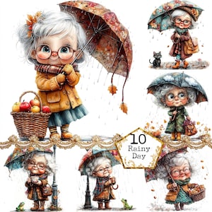 JPEG Acquerello Divertente Nonna con Ombrello Clipart Bundle Divertente Vecchia Signora Giorno di Pioggia Download Istantaneo Carta Artigianato Diario Spazzatura Scrapbooking