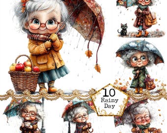 JPEG aquarelle drôle grand-mère avec parapluie Clipart Bundle drôle vieille dame jour de pluie téléchargement immédiat papier artisanat indésirable journal scrapbooking