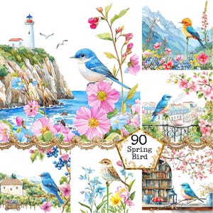 PNG + JPG aquarelle printemps Floral oiseau Clipart Bundle Fleur de printemps Paysage de printemps Téléchargement instantané Paper Craft Junk Journal Scrapbooking