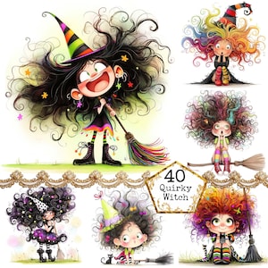 Puede incluir: Una colección de ilustraciones caprichosas con brujas de dibujos animados con cabello rizado y atuendos coloridos. Cada bruja se representa con expresiones y poses únicas, algunas sosteniendo escobas. El texto "40 Quirky Witch" se muestra en un marco dorado.