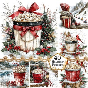 JPEG Watercolor Festive Popcorns Clipart Bundle Holliday clipart Christmas Clipart Instant Download Paper Crafts Junk Journal Scrapbooking