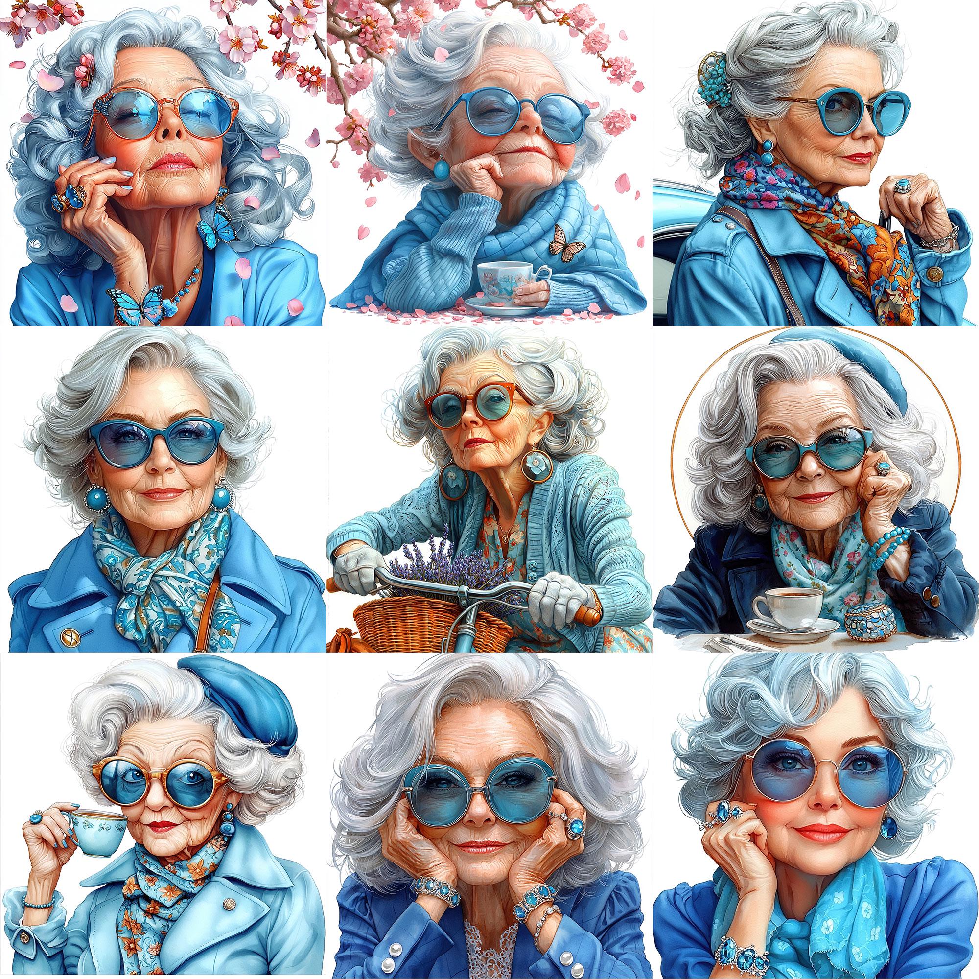 JPEG Watercolor Elegant Lady in Blue Clipart Bundle Elderly Lady ...