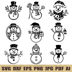 May include: Nine black and white illustrations of snowmen with different accessories, including hats, scarves, and brooms. The snowmen are all in different poses, some are standing, some are sitting, and some are holding objects.