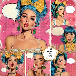 JPEG Retro Comic Estilo Pop Art Girls Bundle Pop Art Girl Clip Art Retro Comic Girl Descarga instantánea Paper Crafts Junk Journal Scrapbooking