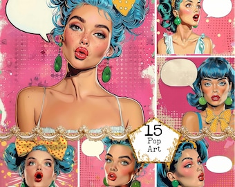 May include: Pop art style illustration featuring a woman with blue hair, red lips, and green earrings. She wears a yellow bow and a speech bubble. The image has a pink background and the text "15 Pop Art".