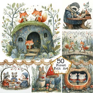 JPEG Acquerello Foresta Arte Popolare Clipart Bundle Animali della Foresta Stravaganti Volpe Coniglio Download Istantaneo Artigianato di Carta Diario di Scartoffie Scrapbooking