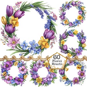 PNG + JPEG Couronne de fleurs de printemps aquarelle Clipart Bundle Fleurs de printemps graphiques Téléchargement instantané Papier Artisanat indésirable Journal Scrapbooking