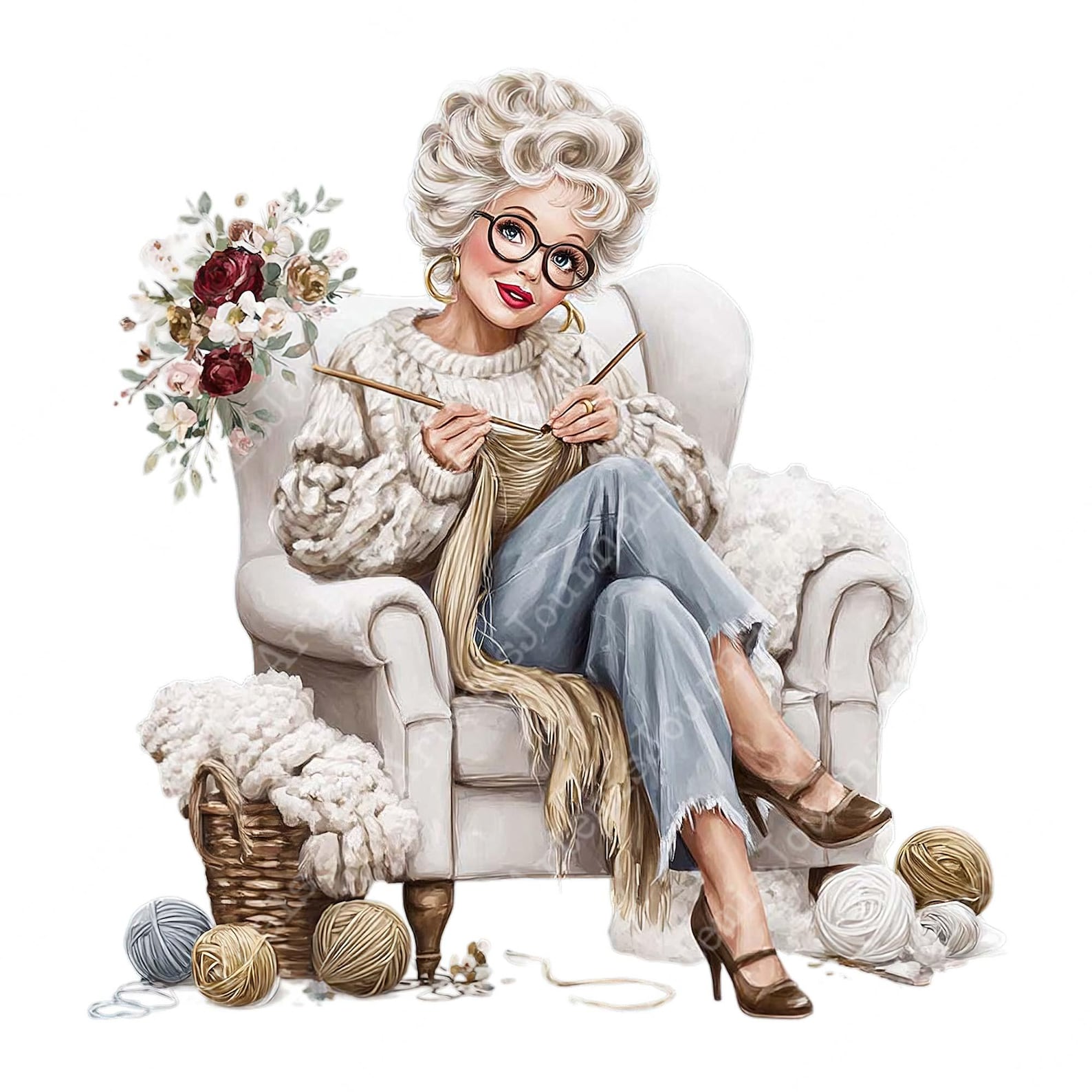 Knitting Granny - Watercolor Clipart Bundle PNG + JPEG Format Paper ...