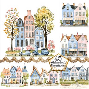 45 JPEG Acquerello Case stravaganti Clipart Bundle Città stravagante Città colorata Download immediato Artigianato di carta Diario spazzatura Scrapbooking
