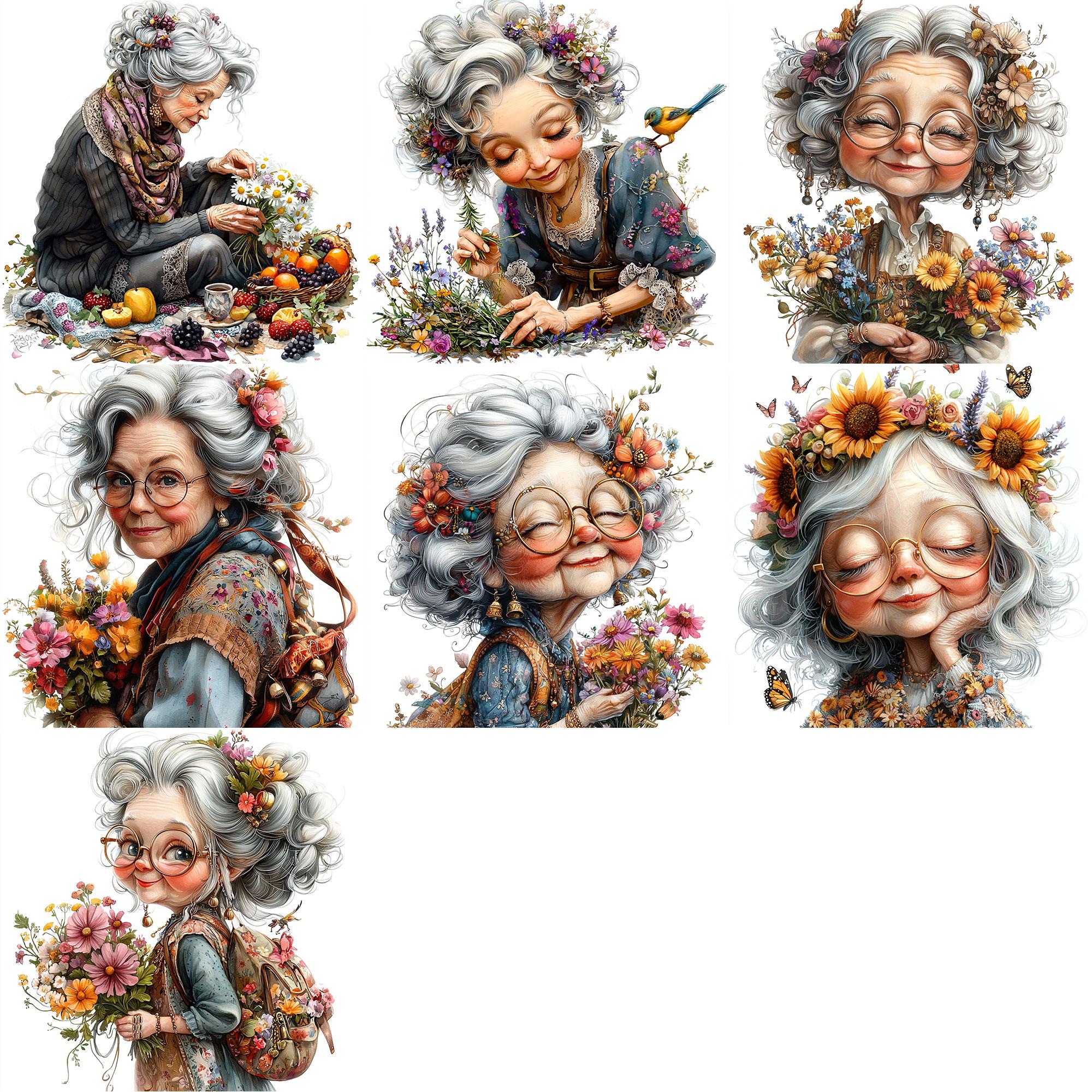 JPEG Watercolor Bohemian Granny Clipart Bundle Elderly Lady Funny ...